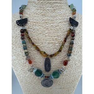 Artisan Handcrafted Multi Gemstone Double Strand Medallion Necklace